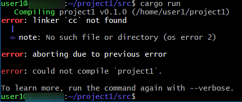cargo run 実行時に「error: linker `cc` not found」エラーが発生した画面