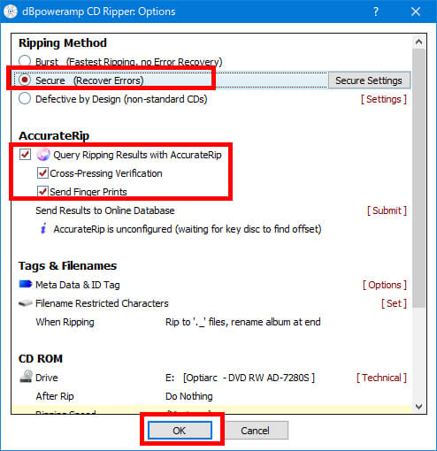 CD Ripper Options の設定内容